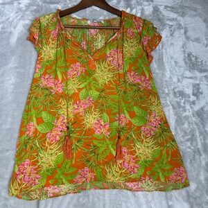 Rose + Olive Orange Floral Print Tunic Top with Tassels - Women's
